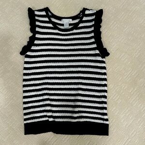 Design History-M-black and cream stripe sleeveless sweater with ruffle detail.